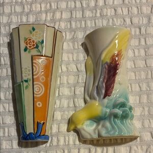 Colorful Ceramic Vintage Wall Pockets-1 Bird & 1 floral.Both Have Damages